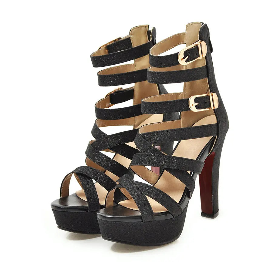 Gold Glitter Women Platform Sandals High Chunky Heels Black Silver PU Casual Party Club Bucke Strap Zipper Lady Gladiator Shoes