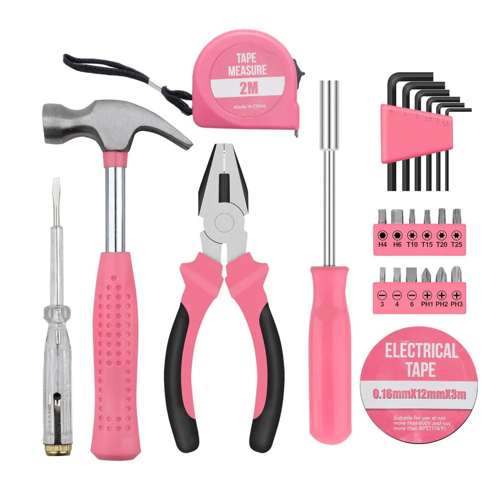 Pink Home Repair Tool Kit Portable Hand Tools Set with Hammer Vise Wrench Screwdriver for DIY Car Emergency