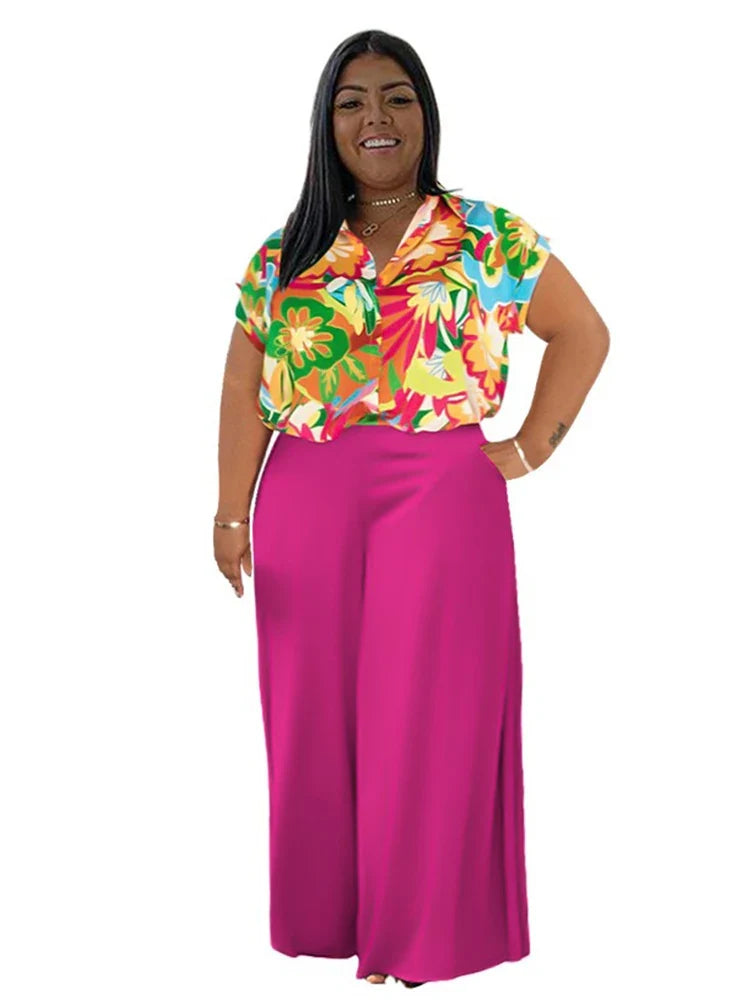 Woman 2 Piece Outfit Set Plus Size Summer Casual Suit Set Floral Print Shirt Pants Set Basic Lounge Wear