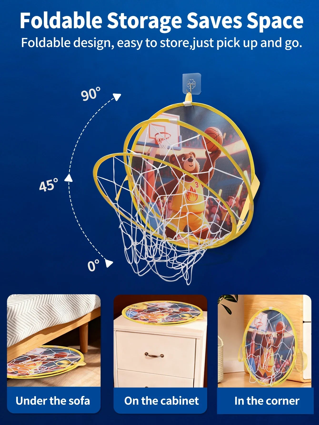 Foldable Basketball Hoop Bear Theme No Drilling 35cm Lightweight Portable Indoor Outdoor Fabric Kids Home Bedroom Yard Play Toy