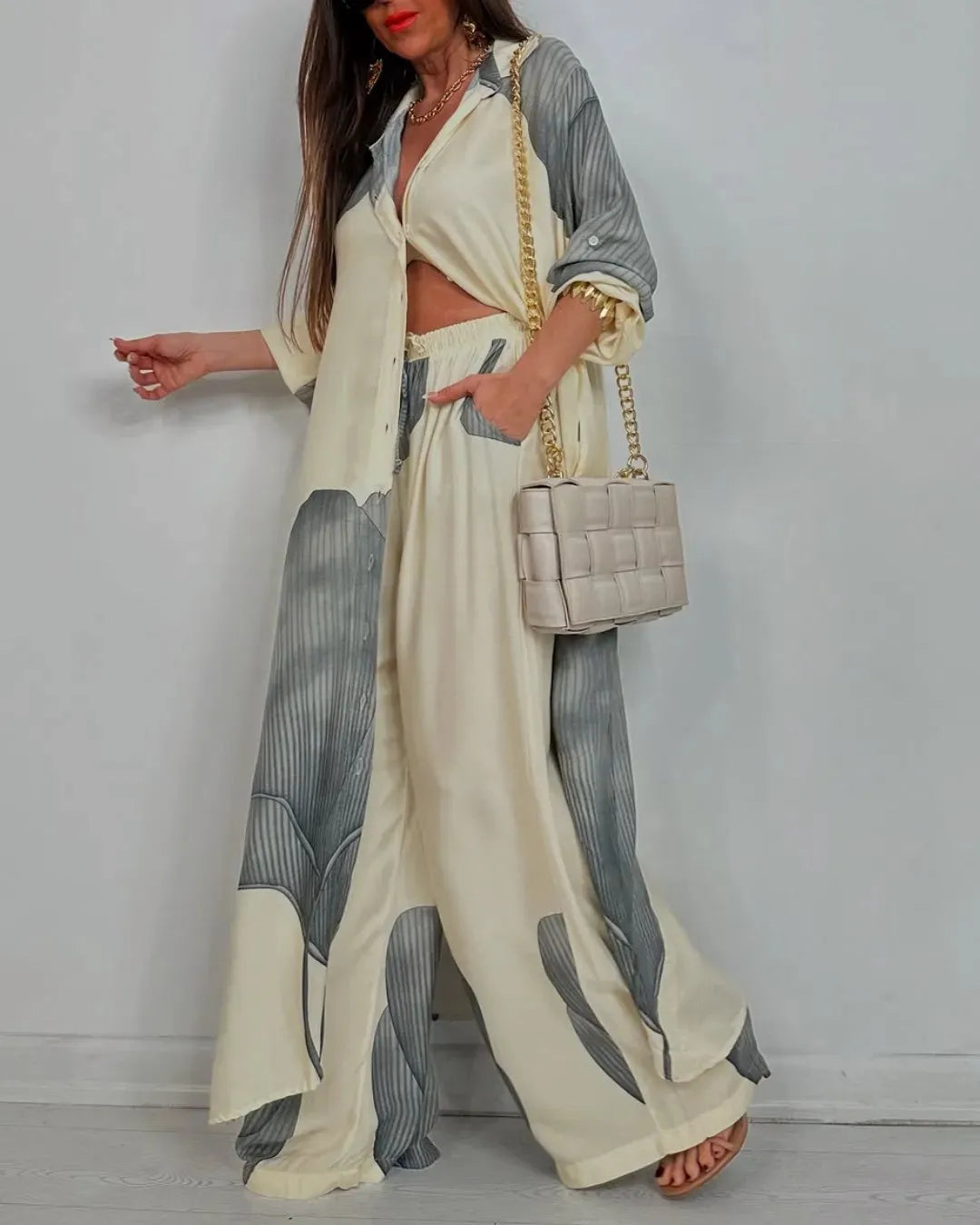 Elegant Lady Set Printed Long Shirt Top Wide Leg Pants 2-piece Outfit Casual Loose Oversized Women Sets Casual Two-piece Outfit