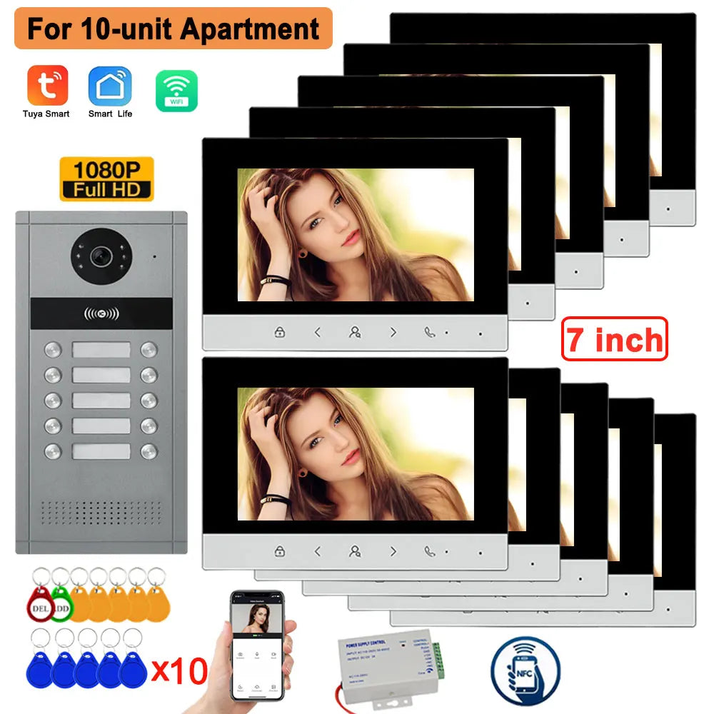 4 Wire 7 inch LCD WiFi Tuya Video Doorphone HD Camera Doorbell Intercom RFIC NFC APP Unlock System 4/6/8/10/12 Unit Apartments