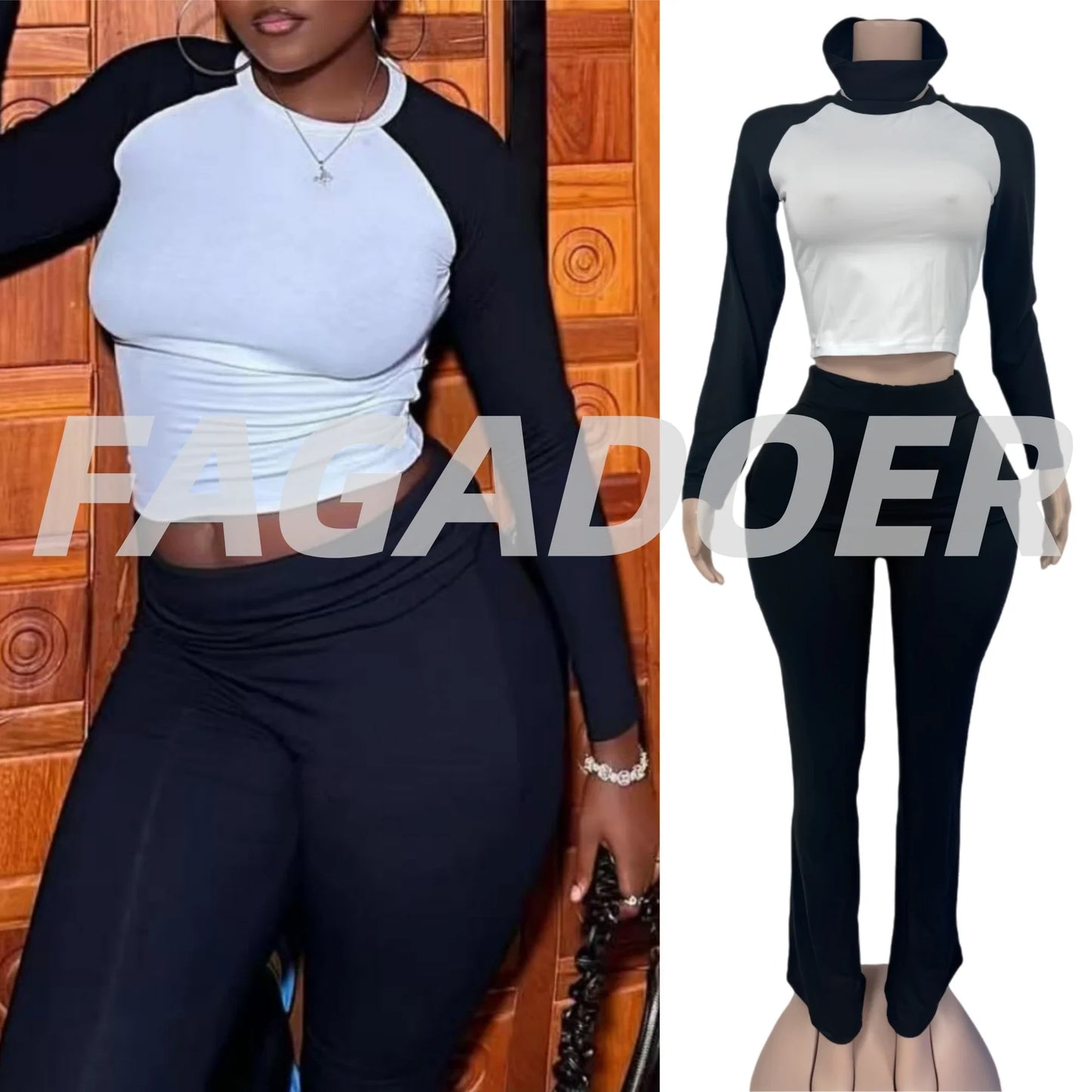 FAGADOER Casual 2 Pieces Set for Woman Long Sleeve Round Neck T-Shirt and High Waist Pants Matching Tracksuits Female Sportswear