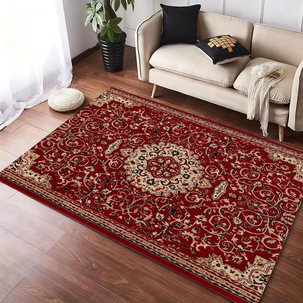 Red Persian Carpet Floor Mat Flannel Rugs Cozy Plush Thickened Soft Warm Winter Floor Mat Non Slip Living Room Home Indoor Use