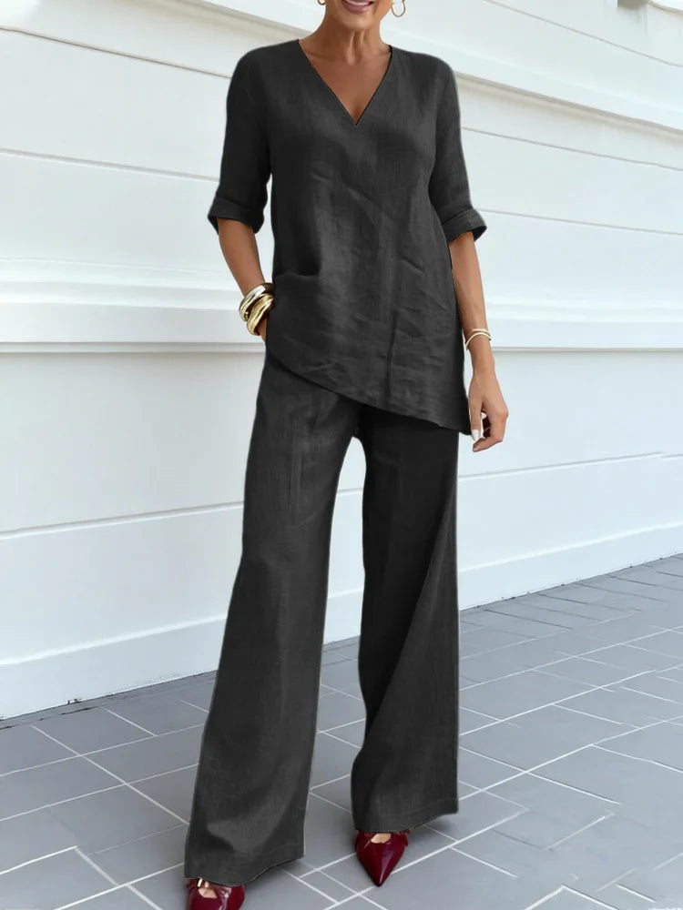 Women's Two-piece Set 2026 Mid-sleeve V-neck Top Straight Pants Spring Summer Women's New Casual Cotton Linen Solid Color Suit