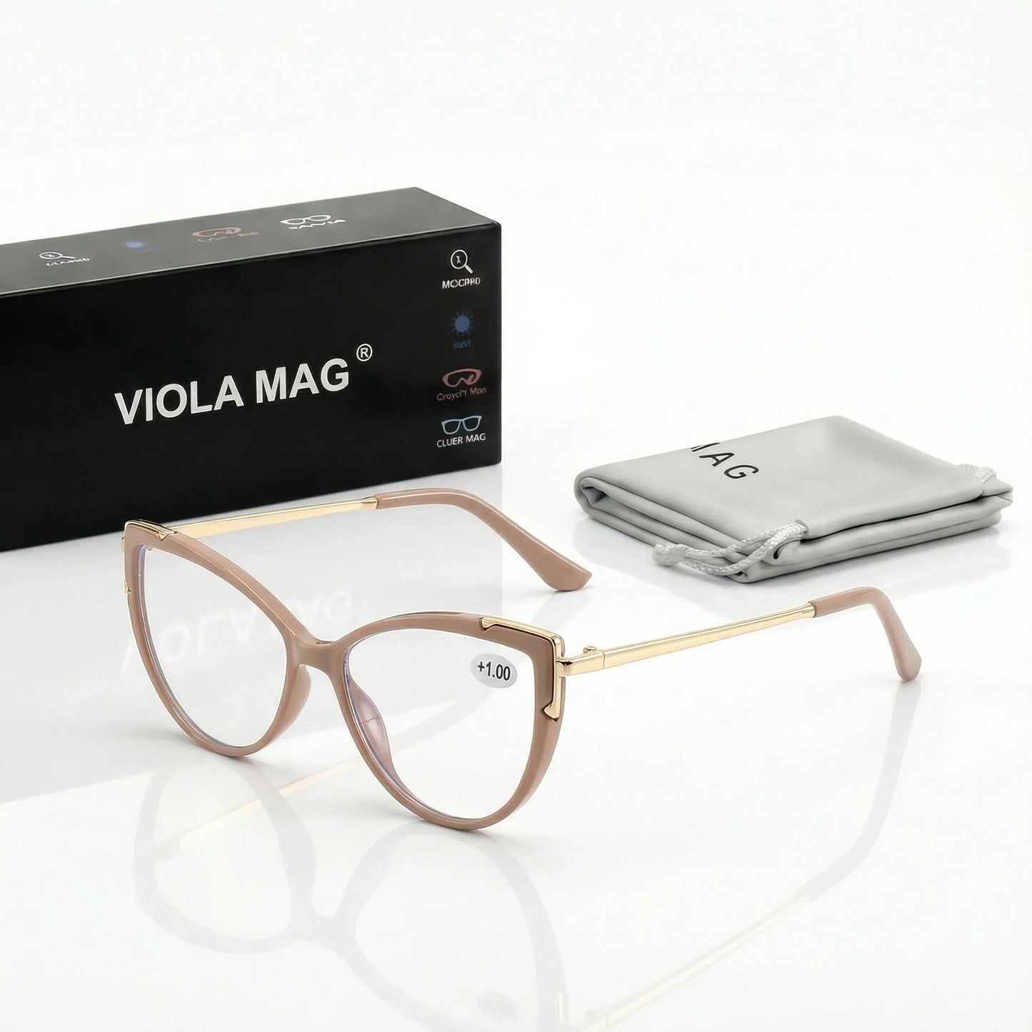 VIOLA MAG Vintage Cat Eye Reading Glasses, Metal Anti Blue Light Glasses, Women's Daily Commuting, Glasses Bag