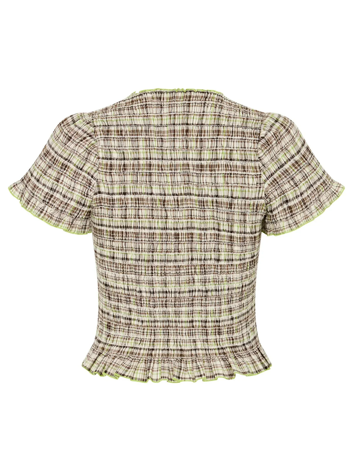 Women Casual Summer Plaid Print Shirred Tops Slim Mock Neck Short Sleeve Crop Ruffle T-shirts Streetwear
