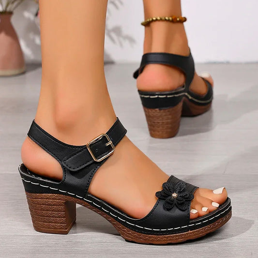 Vintage Flower Ankle Strap Sandals Women Summer 2026 Comfort Thick Heels Plus Size Sandals Elegant High Heeled Mother's Shoes