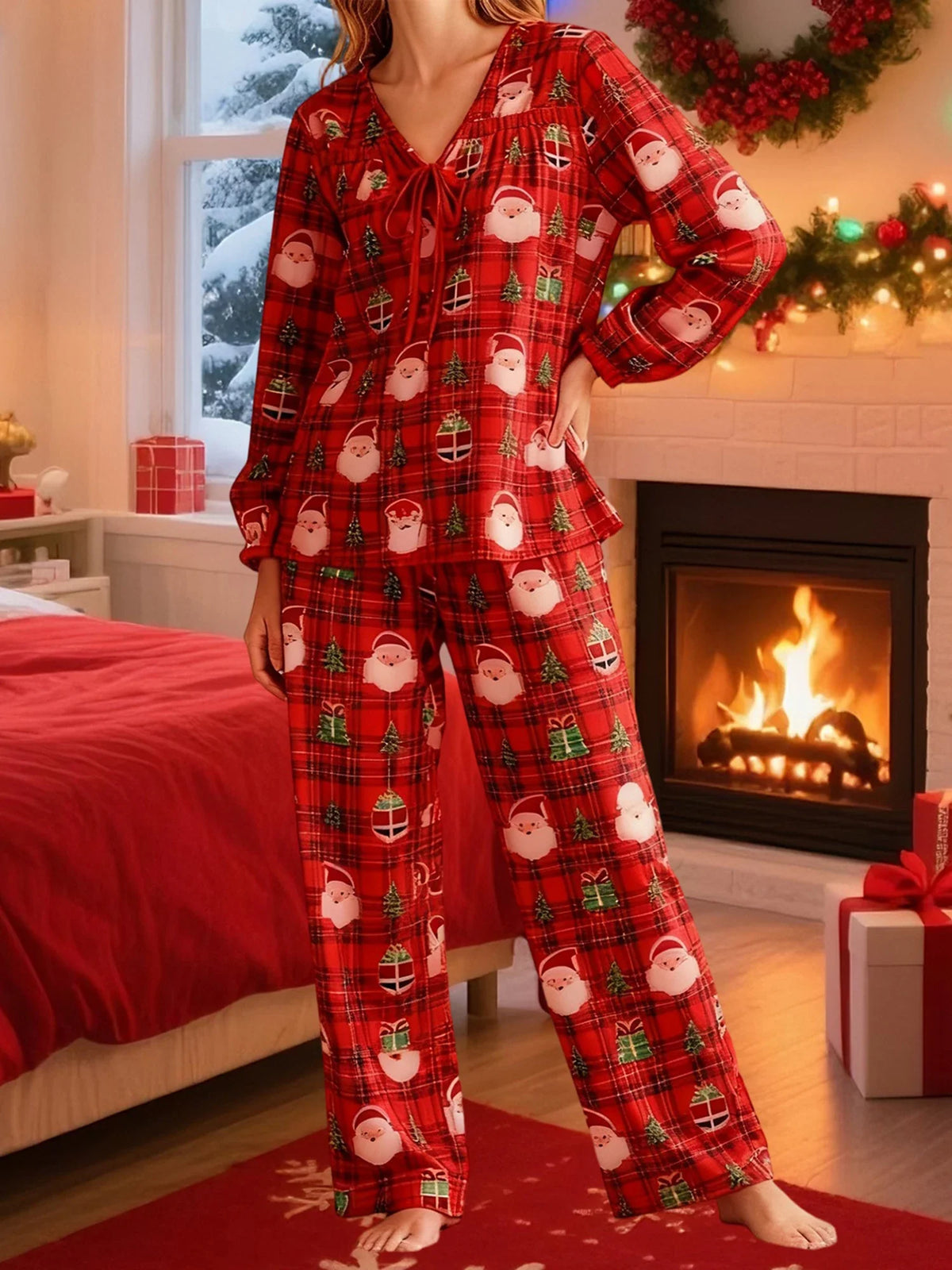 Women Christmas Pajamas Long Sleeve Tie-up V Neck Tops and Pants Loose Fall Winter Two Piece Loungewear