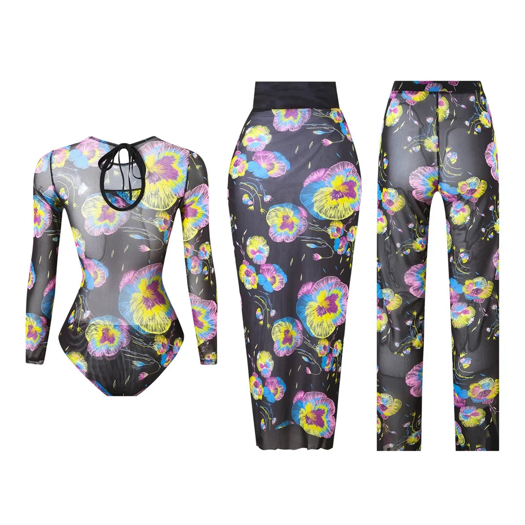 S - XXL 3PCS New Printed Long Sleeve With Pants Sarong Women Swimwear One Piece Swimsuit Female Bather Bathing Suit Swim K7180
