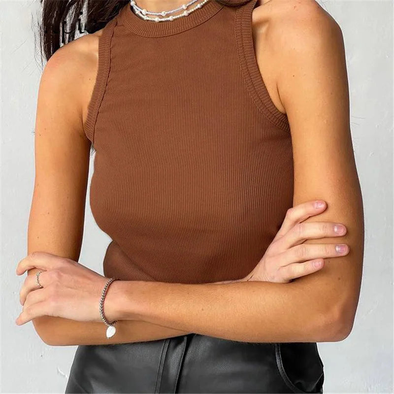 Ribbed Knitted Tops Neck Summer Basic Shirts White Black Casual Sport Vest Off Shoulder Green Women's Tank Top