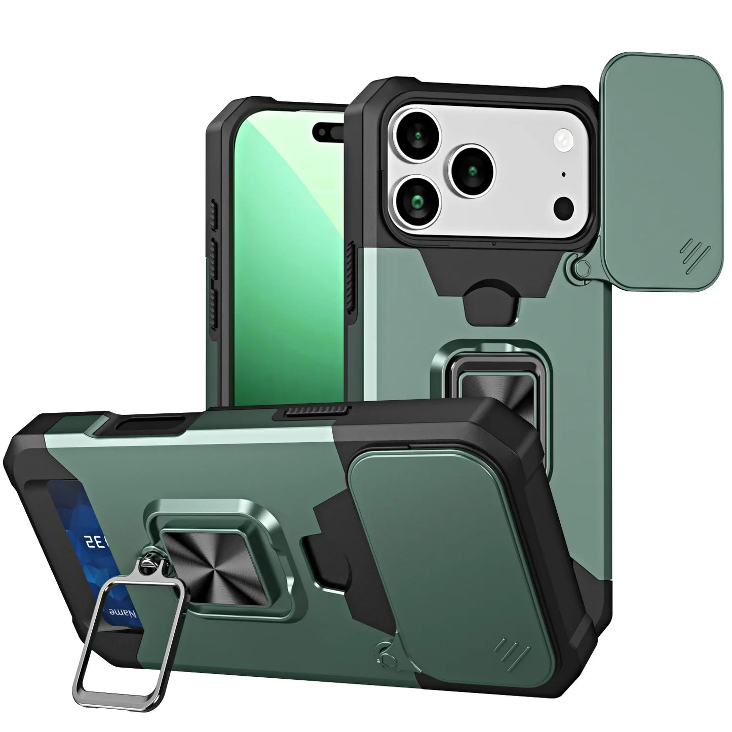 Case For iPhone 17 16 15 14 13 12 11  Pro Max XS Plus Slide Camera Card Holder Slot Duty Wallet Protective With Ring Stand Cover