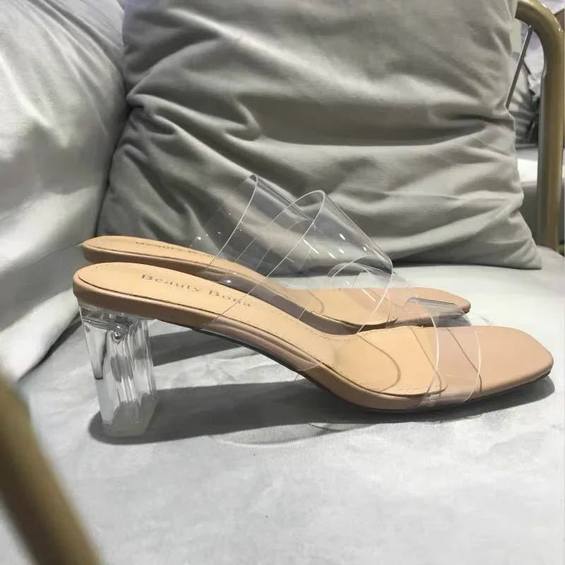 Summer Women Pumps Sandals 9cm Jelly Slippers Sexy Open Square Toe High Heels Women Transparent Slippers Shoe Heel Clear Sandals