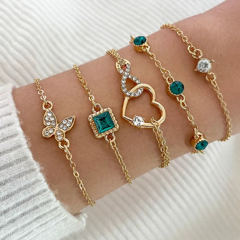 5pcs/set Rhinestone Butterfly Bracelet Set for Women Korean Fashion