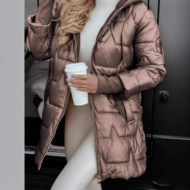 Parkas Coat Women Cotton Padded Jacket Hooded Outerwear Winter Thick Warm Pockets Zipper Puffer Windproof Mid Length Overcoat