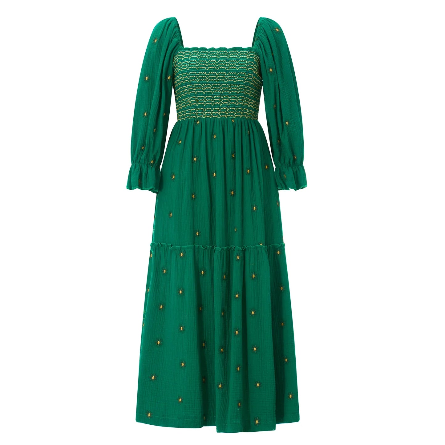 Women Spring Fall Long Dress Long Sleeve Dress Square Neck Embroidery Flower Loose Swing Dress Wit Pocket