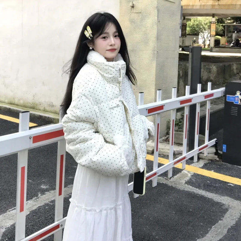 Women's Kawaii Polka Dot Down Cotton Jacket Korean Button Patchwork Corduroy Short Parkas Y2K Stand Collar Puffer Warm Jacket