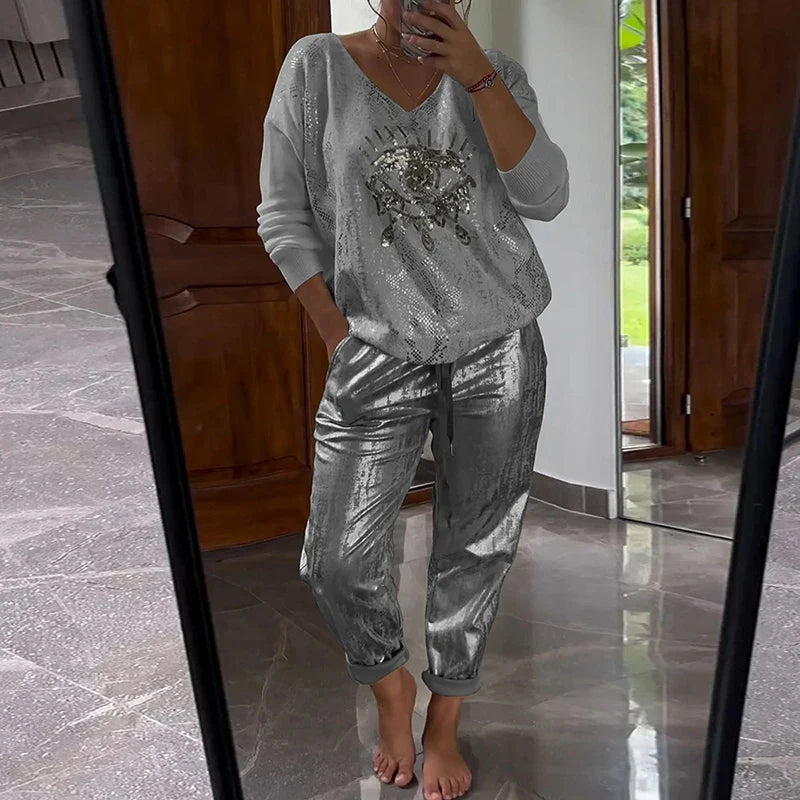 Women's Gold Shining Eye 2 Piece Set Long-Sleeved Top V-Neck Pullover Bronzing Pants Outfit Lace-up Loose Suit Spring Summer