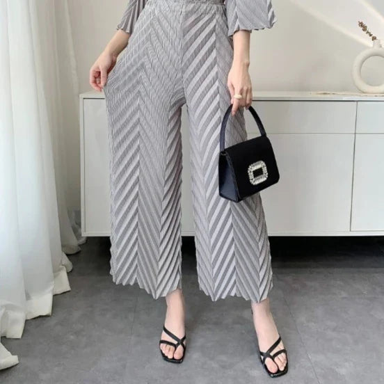 2026 Spring New Women Handmade Pleated Pants Set Comfortable Casual Seven Sleeve T-Shirt Top Loose Wide Leg Pants 2 Piece Set