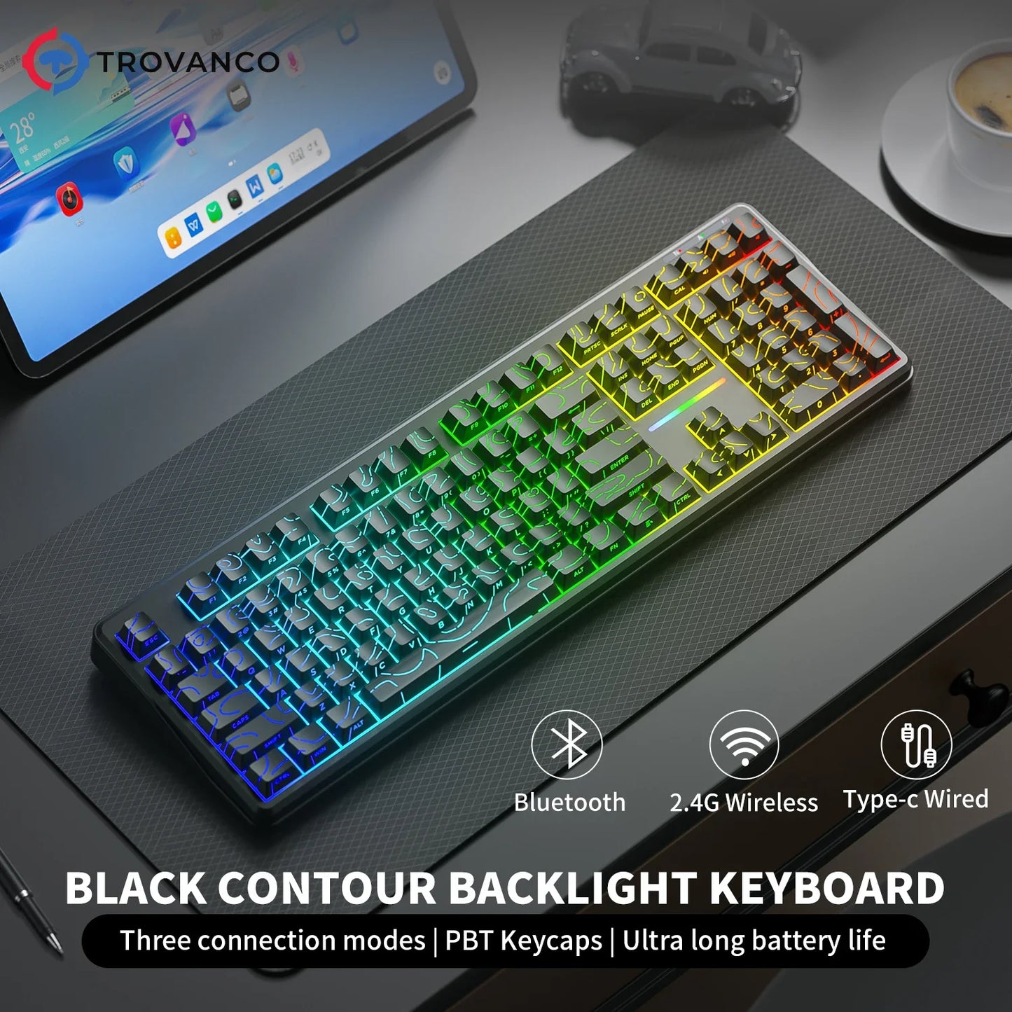 V108 Bluetooth Keyboard  Office Low Noise 2.4G Wired&Wireless Full Layout with RGB Backlit Membrane