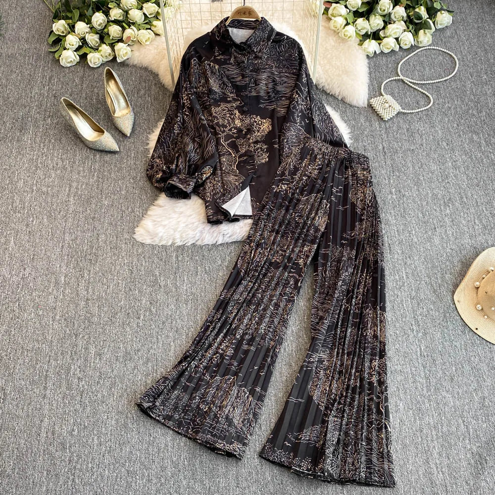 Elegant For Women's Fashion Sets Casual Long Sleeve Shirt Straight Pants Suit Female 2024 Loose Print Tops Two Pieces Outfits