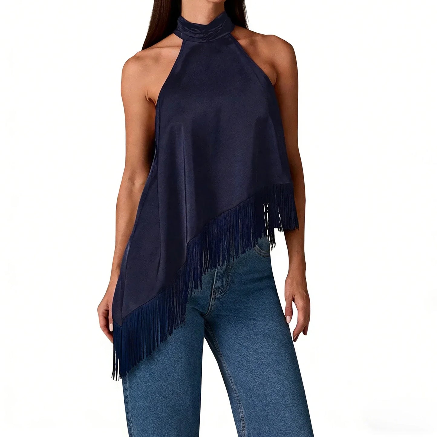 Women's Summer Solid Color Satin Halter Mock Neck Tops Sleeveless Tassel Hem Loose Fit Tank Tops
