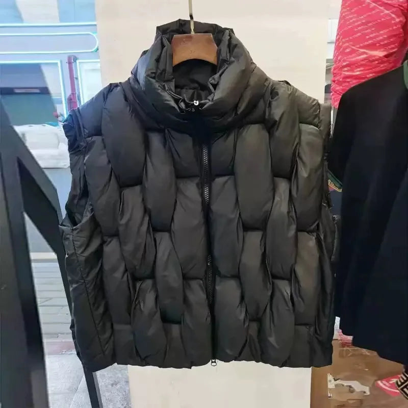 Women Thick Cotton Vest Women Square Weave High Collar Warm Waistcoat Casual  Warm Puffer Bubble Sleeveless Jacket
