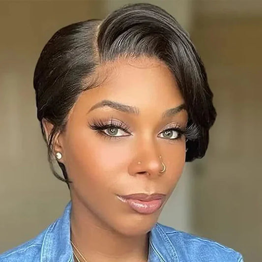 Pelucas Cortas de Cabello Humano, Corte Pixie, Lacio, Remy Brasileño Transparente, Pelucas Lacias de Cabello Humano Bob para Mujeres Negras