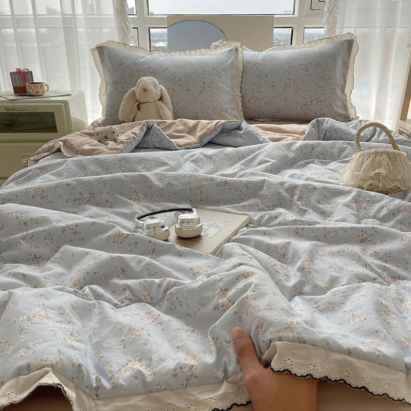 Summer Quilt Korean Style Duvet with Lace Single/Queen Size Comforter Flower Printed Quilted Blanket 여름이불 (No Pillowcase)