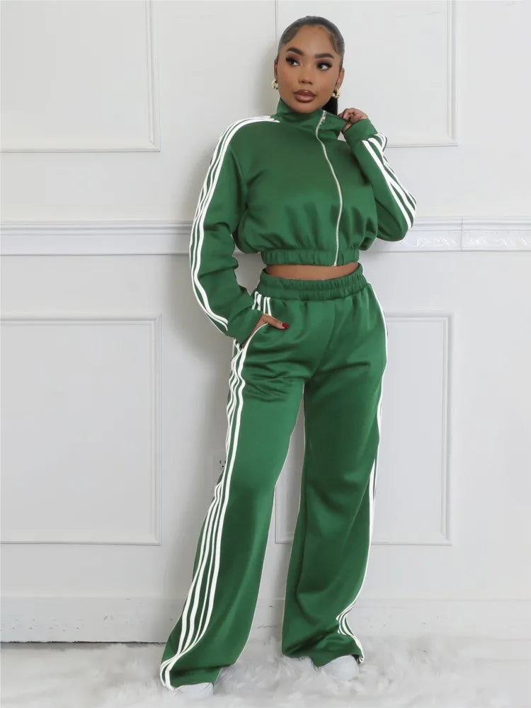 Fashion Splicing Striped Zipper Sports Suit Women'S Spring Autumn Thick Hoodie Casual Loose Wide Leg Trousers 2 Piece Set Female