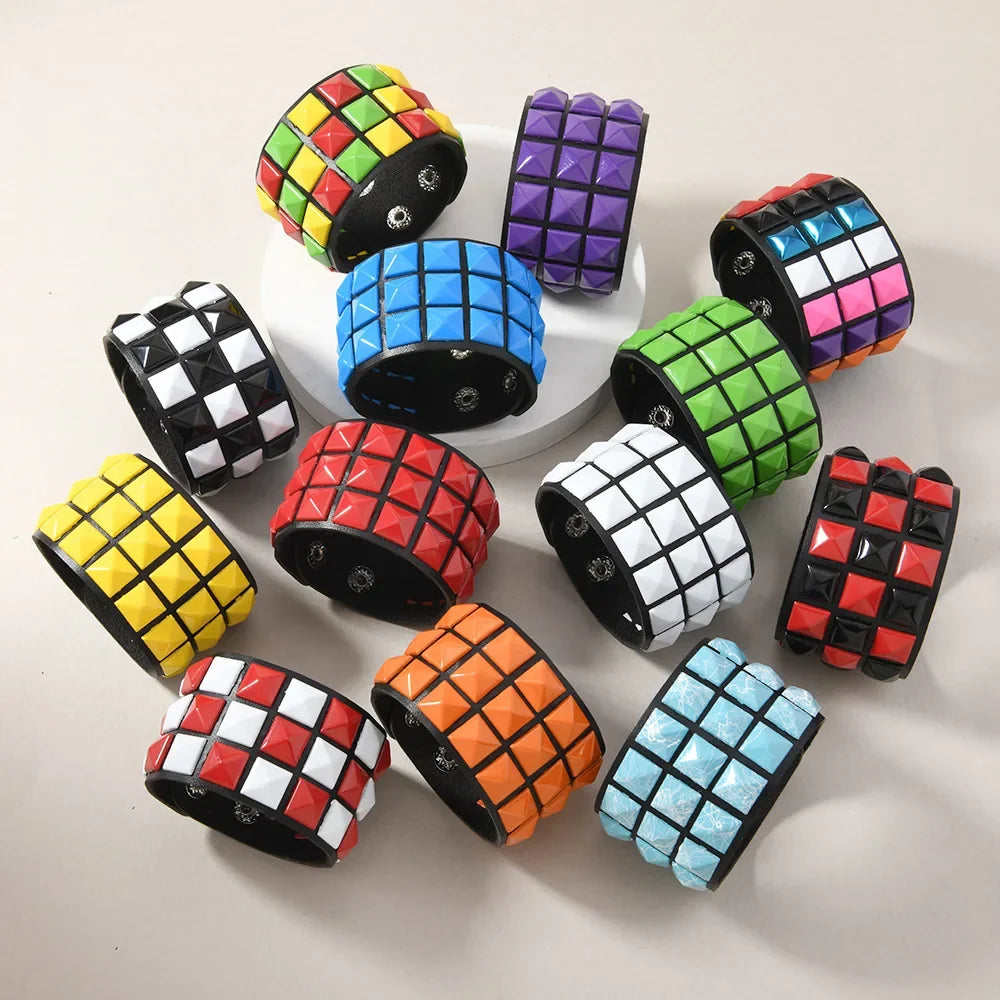 18 Color Punk Hip-Hop Three Rows of Square Rivets PU Leather Big Wide