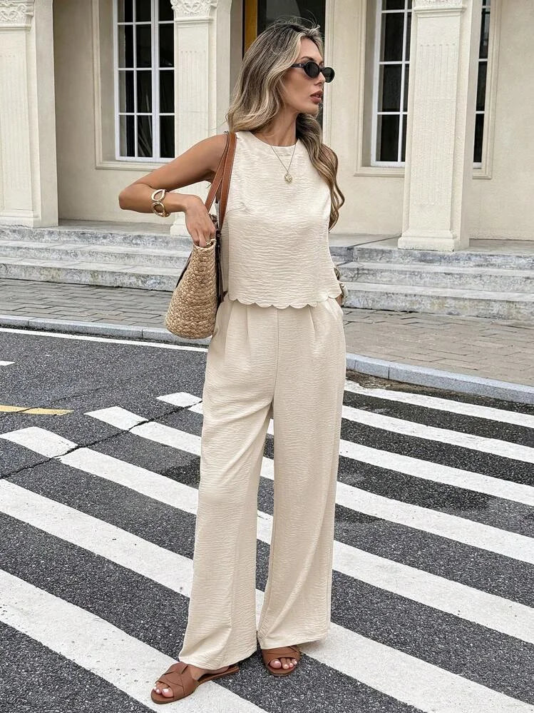 Ladies Spring Summer Elegant Casual Holiday Wear Solid Color Sleeveless Back Tied Top Straight Leg Pants Outfit