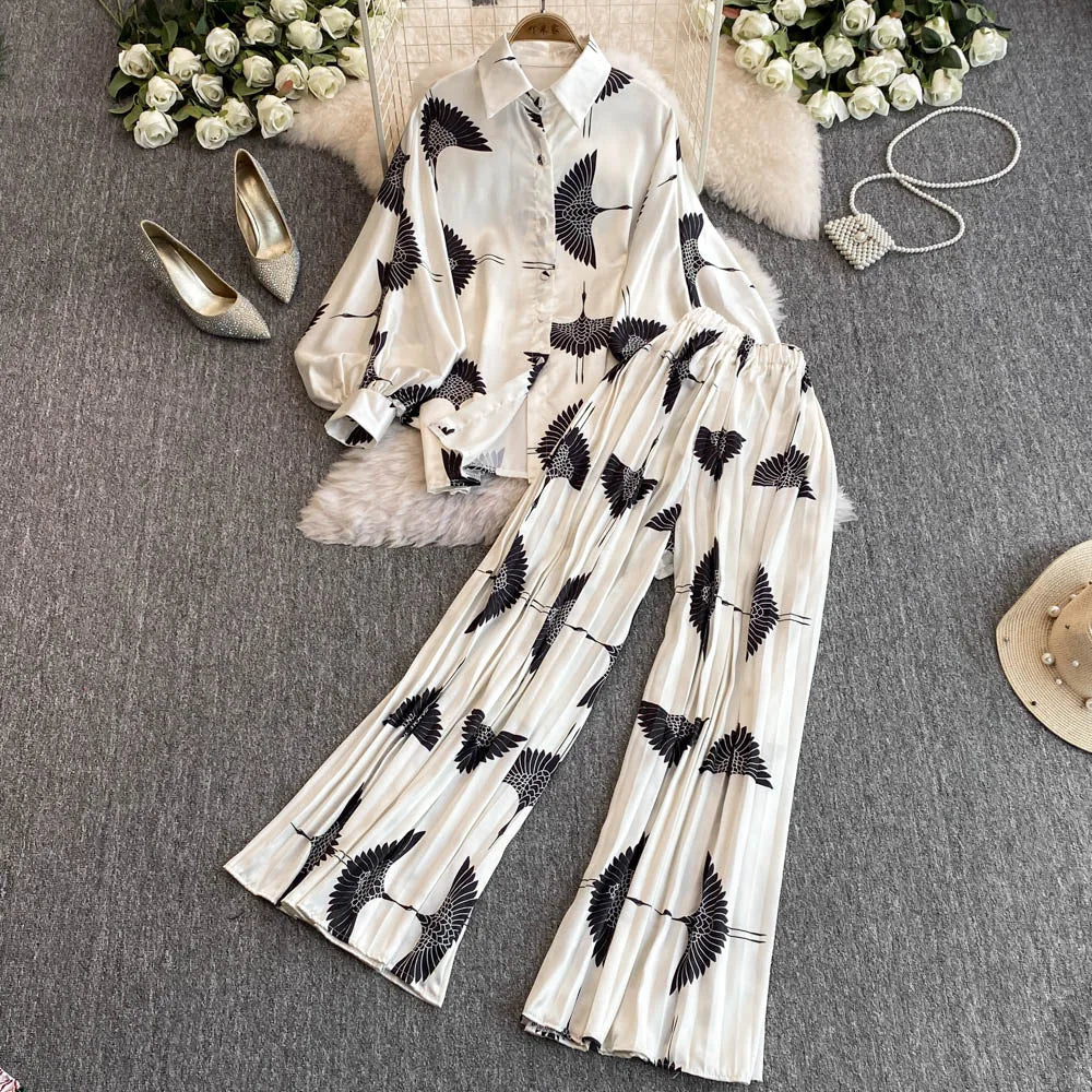 Elegant For Women's Fashion Sets Casual Long Sleeve Shirt Straight Pants Suit Female 2024 Loose Print Tops Two Pieces Outfits