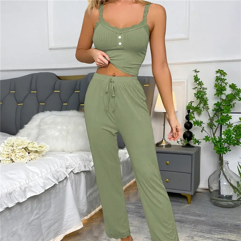 Autumn Winter Two Pieces Pajamas Set for Women Sleepwear Lace Suspenders Tops and Long Trousers Pijamas Loungewear