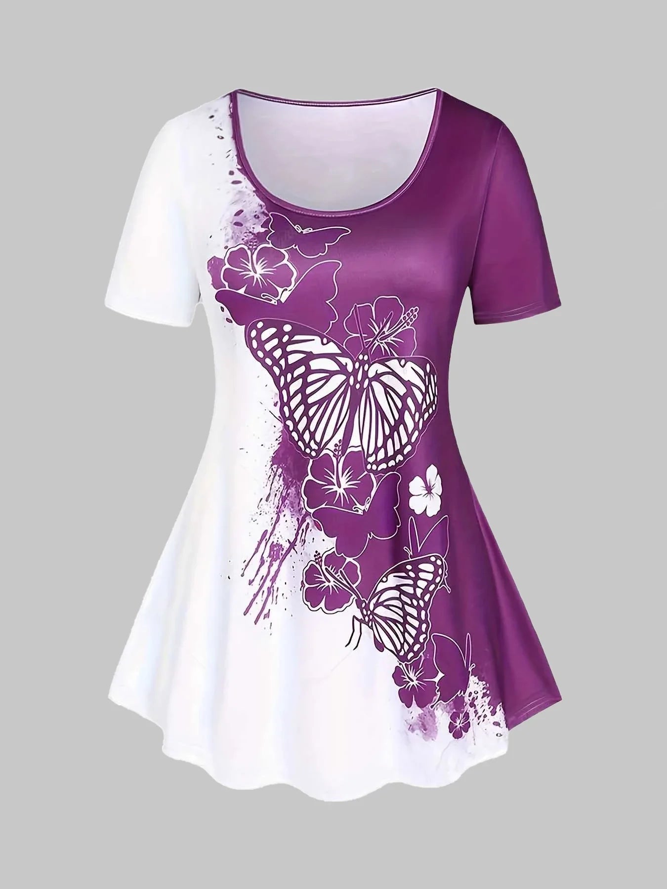 Plus Size Ladies Suit Round Neck Summer Leisure Butterfly Print Round-Neck Short-Sleeved T-Shirt Printed Pants Two-Piece Set