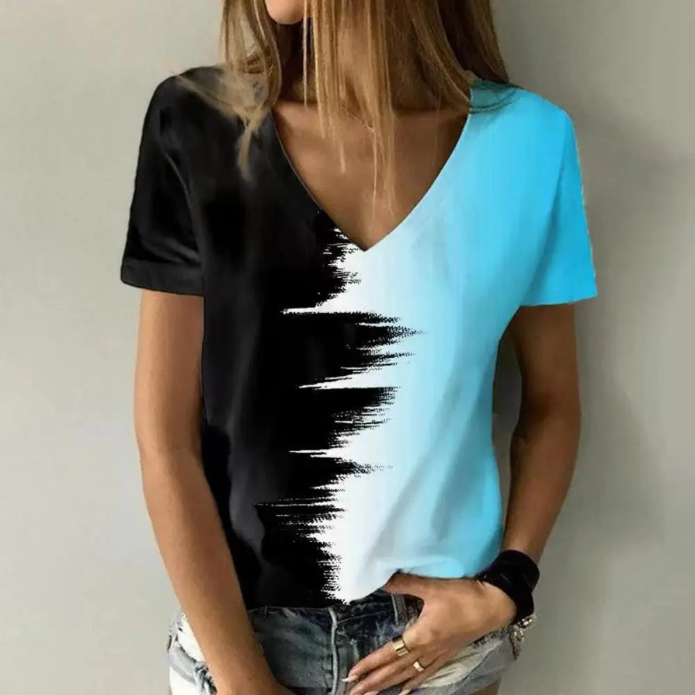 New women's V-neck T-shirt, black and white, suitable for document subscribers, 3D printing, vacation