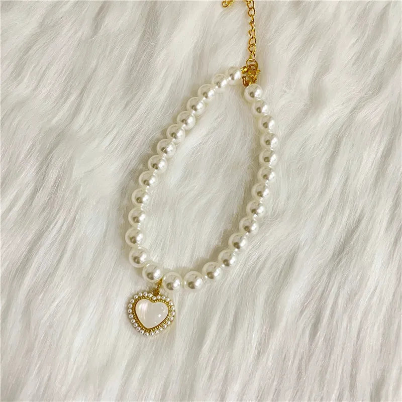 New Pet Collar Pearl Love Necklace Cat Jewelry Cute Collar Puppy Accessories Dog Chain Chihuahua Wedding Jewelry Stuff