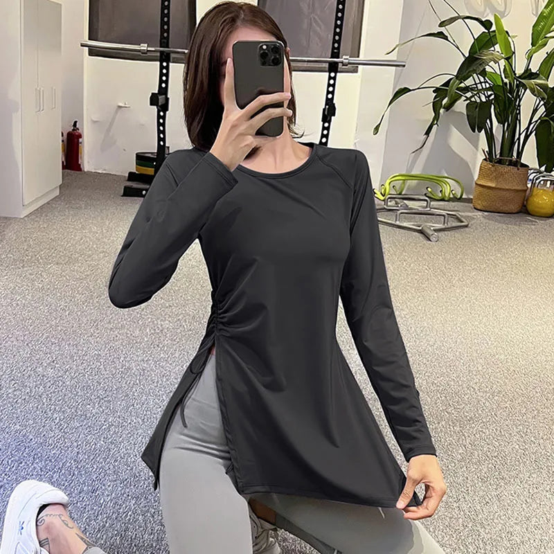 Pleated Side Slit Long Sleeve Sports Shirt for Women