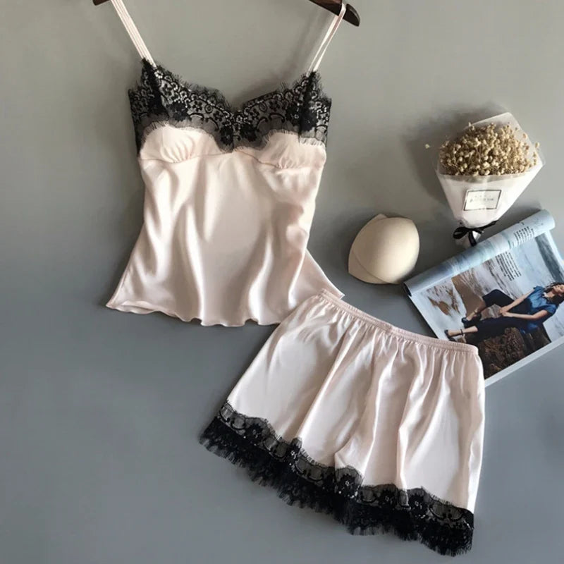 Women's Lace Satin Pajama Sets Sexy Nightwear Summer Sleeveless Tops+Shorts 2 Pcs Pyjamas Sleepwear Loungewear