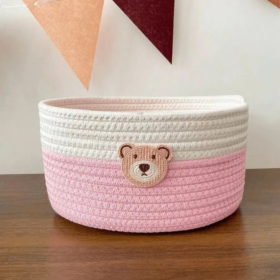 Cute Bear Fabric Storage Basket Woven Organizer Bin for Toys Clothes Home Bedroom Living Room Decorative Storage