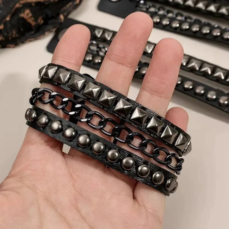 Punk Y2k Layered Bracelet Leather Band Metal Rivets and Chains Unisex Dark Aesthetic Unisex Jewelry for Daily Wear