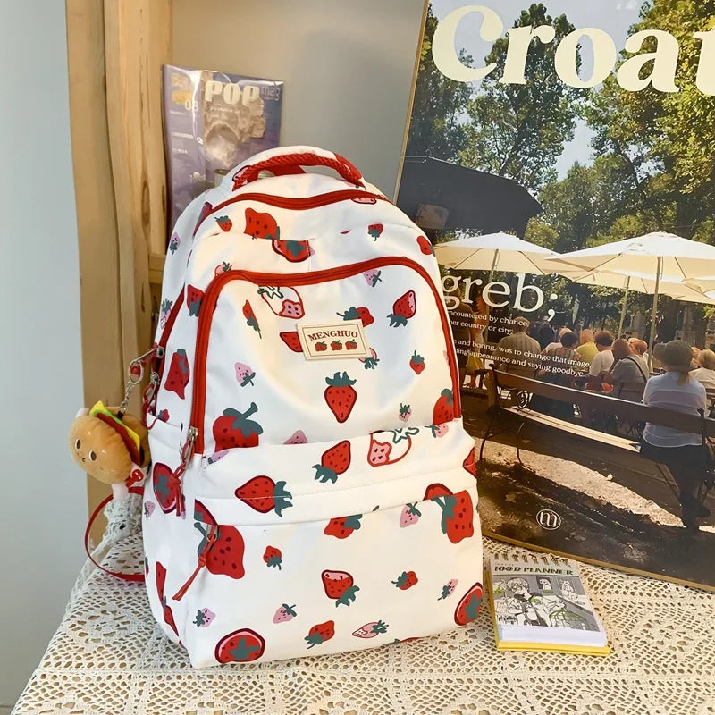 Mochila con estampado de fresas blancas y rojas