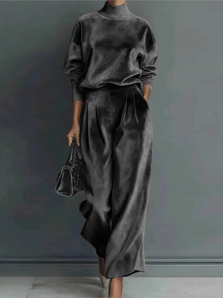 Autumn Winter Fashion High Collar Gold Velvet Long Sleeve Women's Suit Casual Sports Wide Leg Trousers Female Office 2 Piece Set