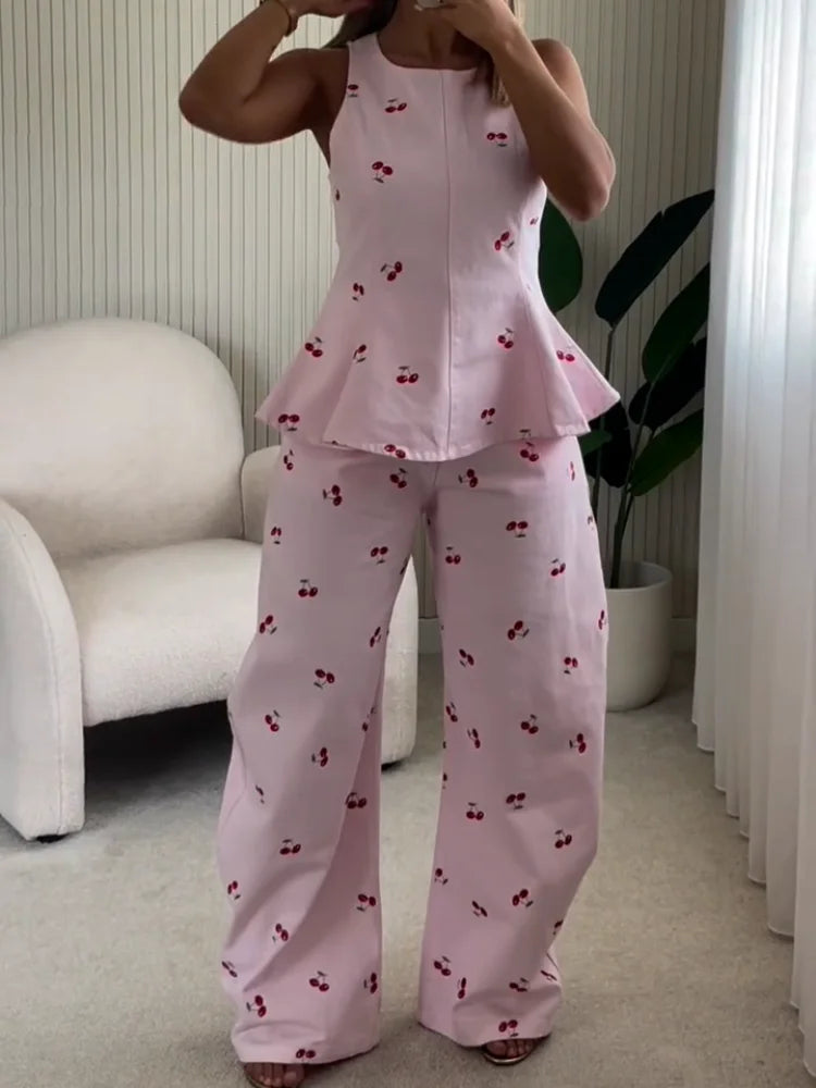 Denim Printed Sleeveless Pants  2-piece Set Women's Elegant Round Neck Fashion Short Shirt Long Pants Suit 2026 Street Outfit