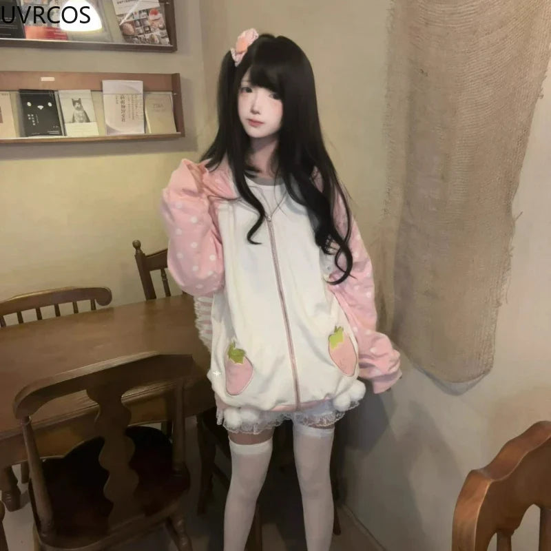 Sudadera con capucha Harajuku de conejo fresa