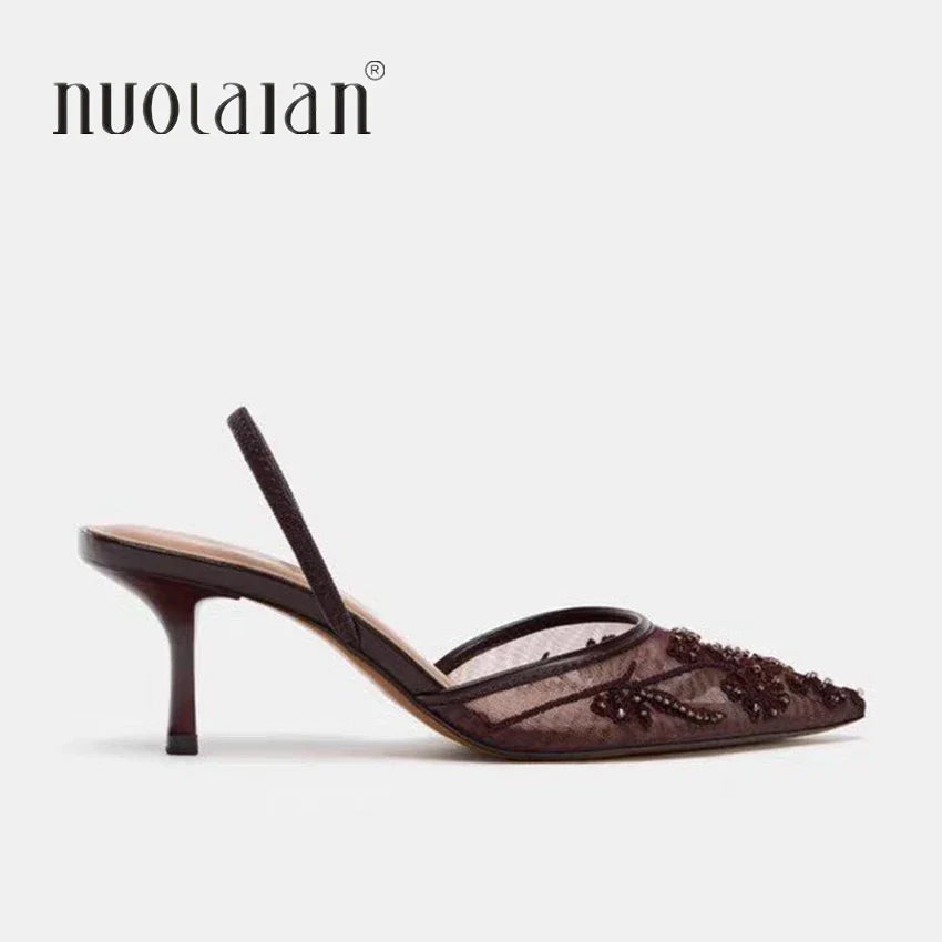 2026 String Bead Mesh Embroider Slingback High Heels Women Sexy Pointed Toe Heeled Sandals Summer Elegant Luxury Designer Shoes