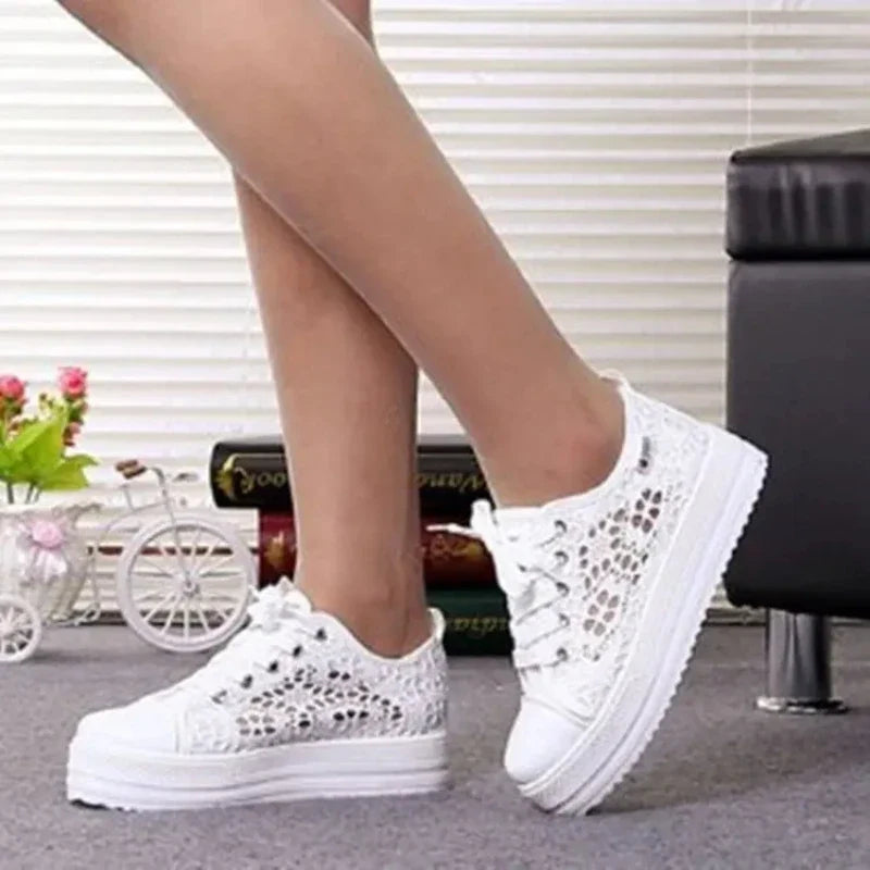 Women Shoes 2025 Fashion Summer Casual White Shoes Cutouts Lace Canvas Hollow Breathable Platform Flat Shoes Woman Sneakers