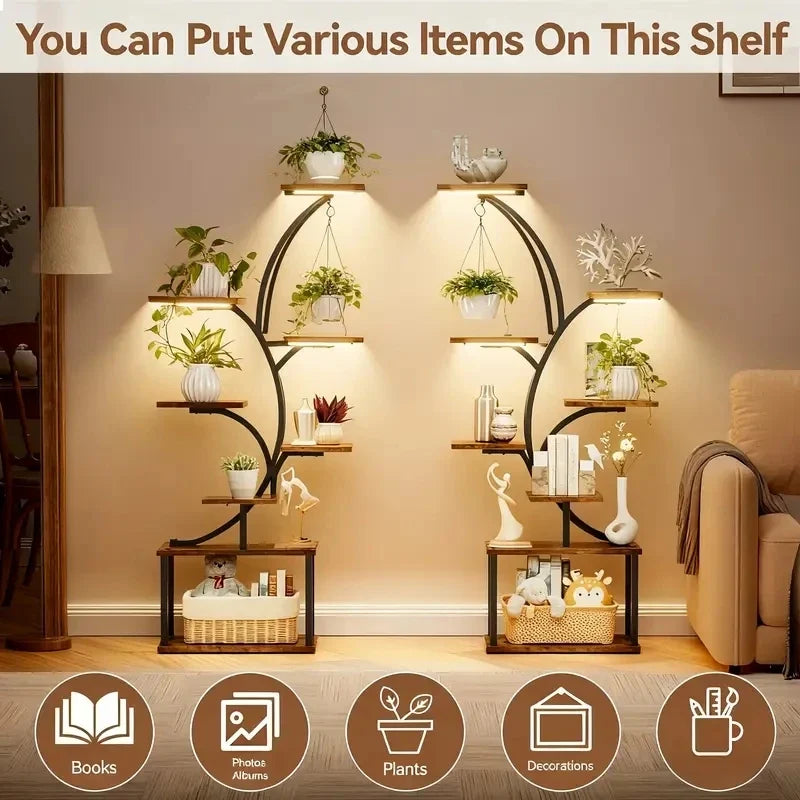 8‑Tier Metal Plant Stand with LED Grow Lights, Irregular Multi‑Layer Flower Rack for Multiple Potted Plants, Heavy Duty Plant Display Shelf for Indoor Patio Living Room Study Bedroom, Ideal Gift for Plant Lovers