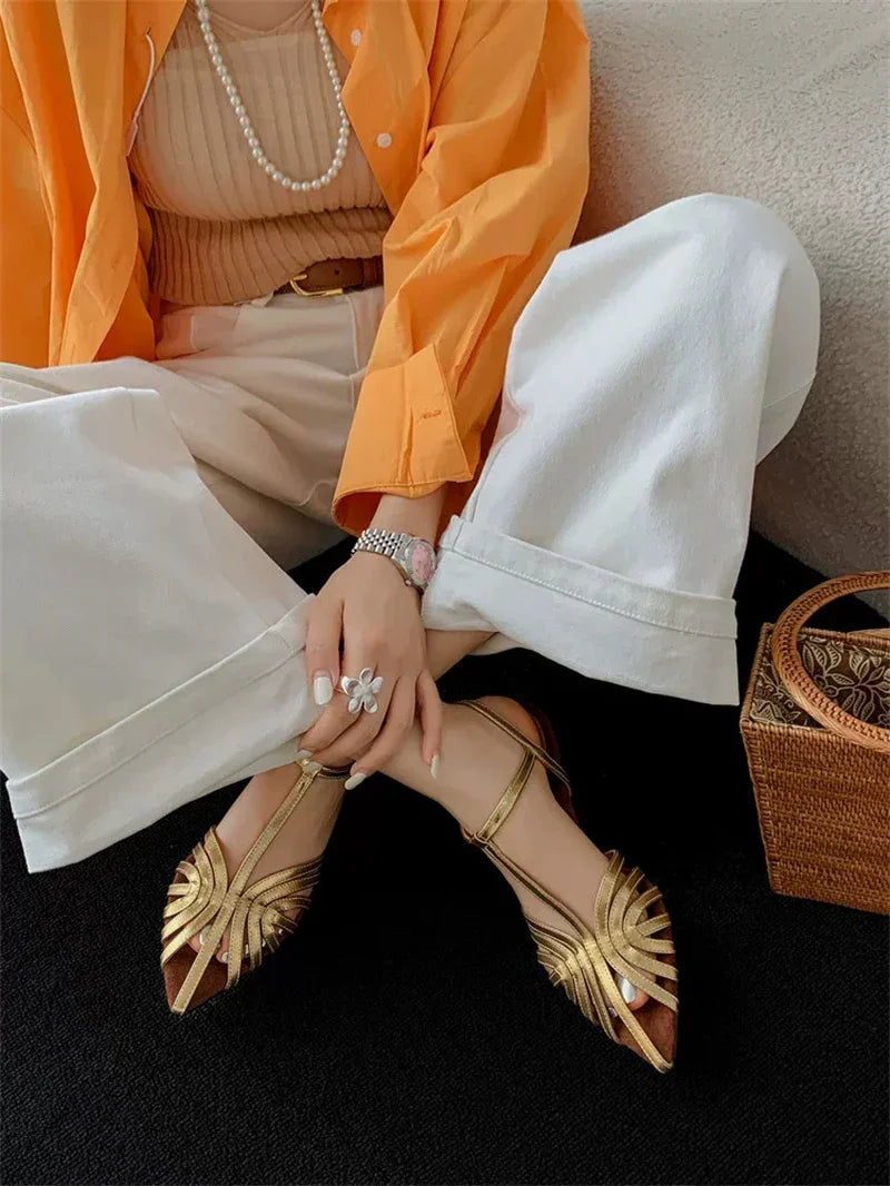 ZAROY Women Roman Sandals Summer Low Heel Ankle Strap Buckle Sandals Pointed Toe Hollowed Out T-strap Sandalias сандали
