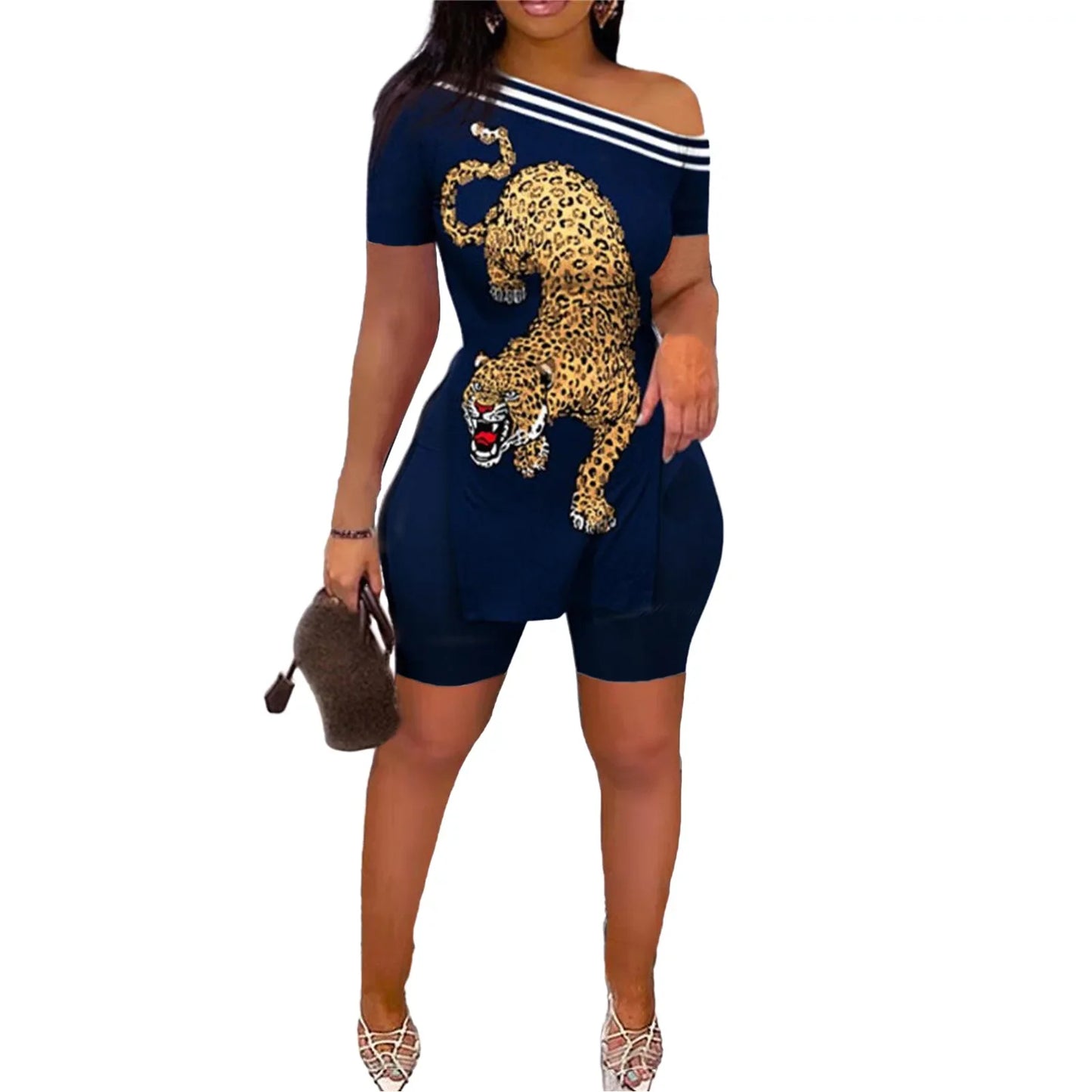 Print Two Piece Shorts Sets Women Skew Collar Short Sleeve Shirts Side Split Tops Pullover Elastic Waist Trousers Summer 2025